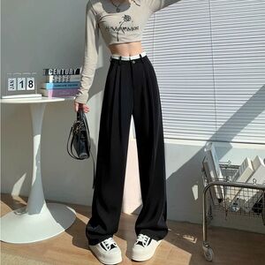 nwot black white waistband straight leg trousers pants work or casual medium